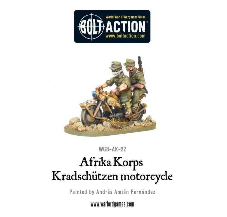 Afrika Korps Kradschutzen motorcycle contient 1 moto en métal avec 1 pilote en métal et 1 passager en métal.