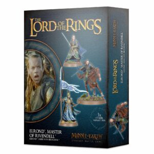 Découvrez la superbe boite regroupant  figurines d'Elrond à cheval et à pied ainsi qu'un superbe porte etendard .