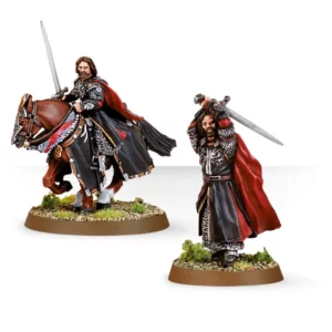 Aragorn (The Black Gate) contient 2 figurines en résine – Aragorn à pied, et monté, en 5 composants plus un socle rond de 25mm et un socle rond de 40mm.