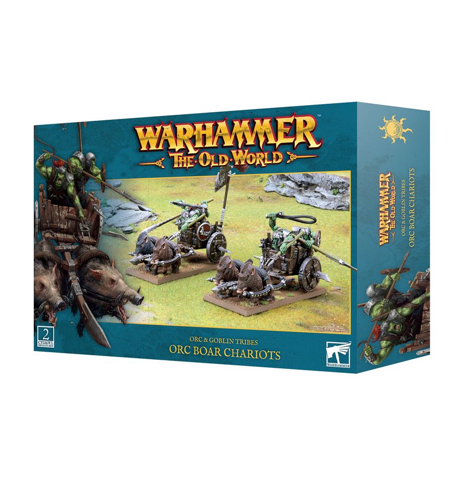 Découvrez les nouvelles sorties de Games Workshop avec la superbe boite d'OLD WORLD Orcs and Goblin : Orc Boar Chariots, dans votre boutique !