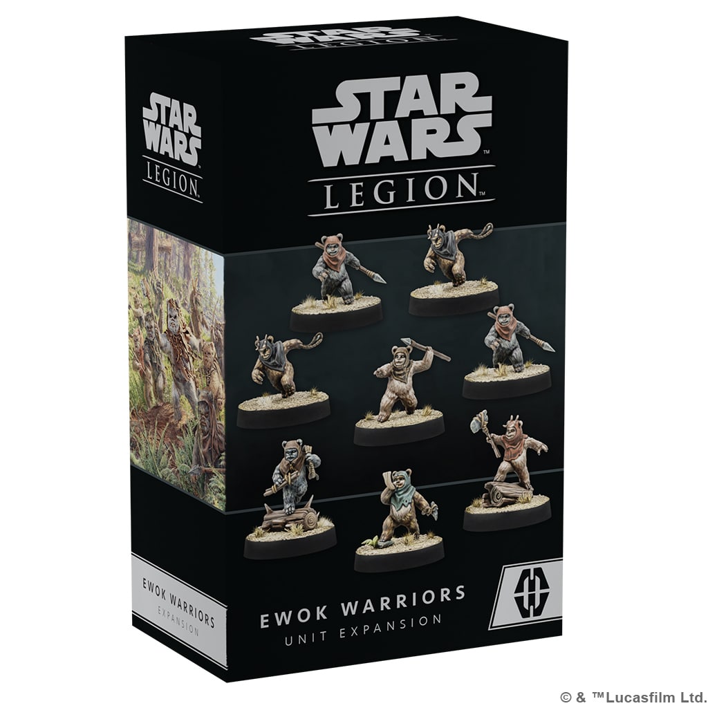 Ce pack d'Ewok Warriors ajoute une unité de six Ewoks et deux cartes d'unité qui permettent aux joueurs de décider s'ils sont armés de frondes ou de lances