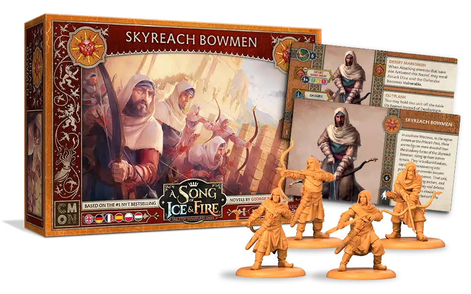 Martell Skyreach Bowmen est une nouvelle boite d'unité, leur blason représente une lance d'or transperçant un soleil rouge sur un fond orange,