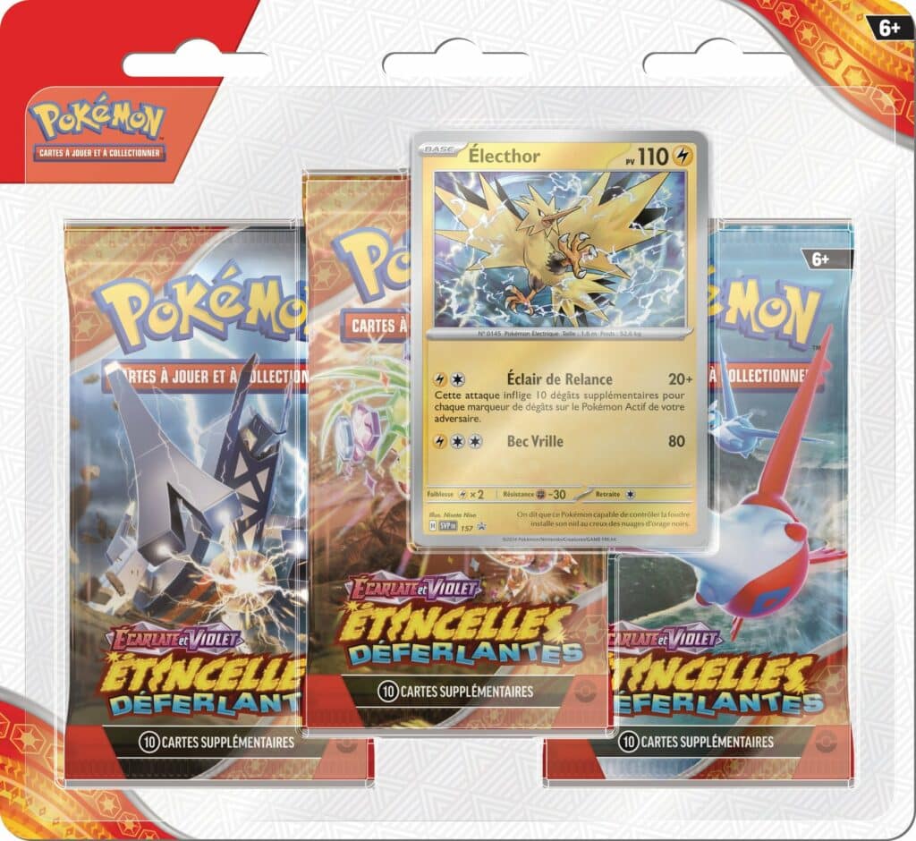 Lot de 2 tripacks assortis EV08, du JCC Pokémon permet aux joueurs et joueuses de découvrir de magnifiques Pokémon-ex Téracristal Stellaire...