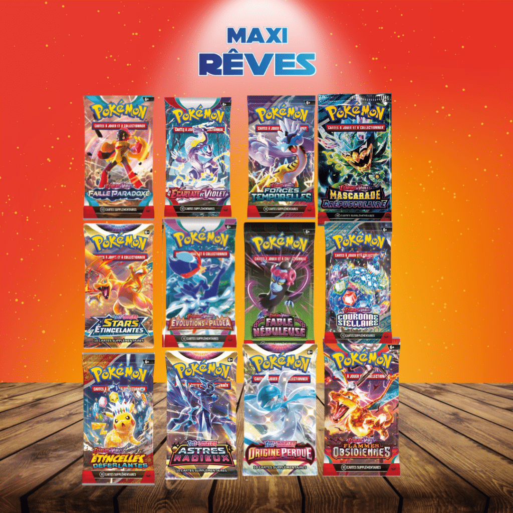 Retrouvez un lot de boosters Pokémon des séries récentes de EB-09 jusqu'à la dernière sortie actuelle en passant par toutes les séries.