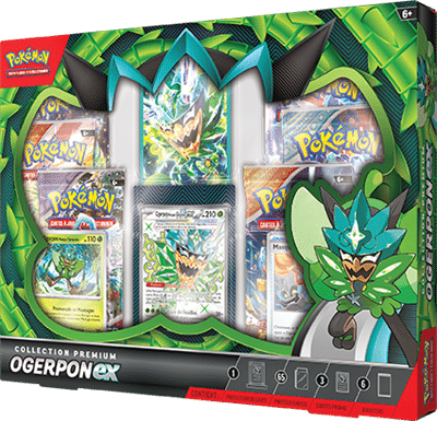 Le coffret premium Ogerpon du JCC Pokémon contient 6 boosters et des cartes promos. Coffret idéal pour une ouverture ou pour la collection.