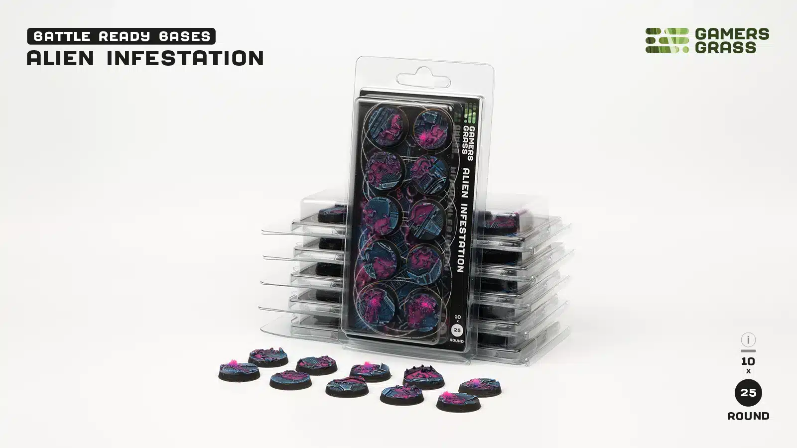 Socles Alien Infestation est un superbe set socles pour magnifier la peinture de figurines grâce à des socles fait et peint à la main par Gamergrass