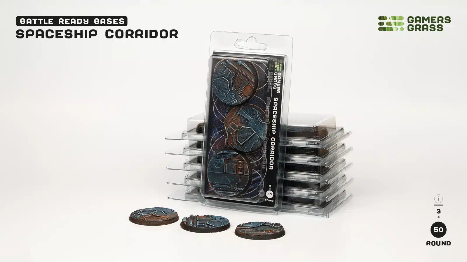 Socles Spaceship Corridor est un superbe set socles pour magnifier la peinture de figurines grâce à des socles fait et peint à la main par Gamergrass