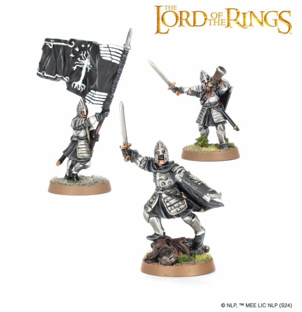 Cette boîte contient des Minas Tirith Commanders, des figurines en métal dont un Captain, un porte-bannière, et un musicien avec son cor du Gondor