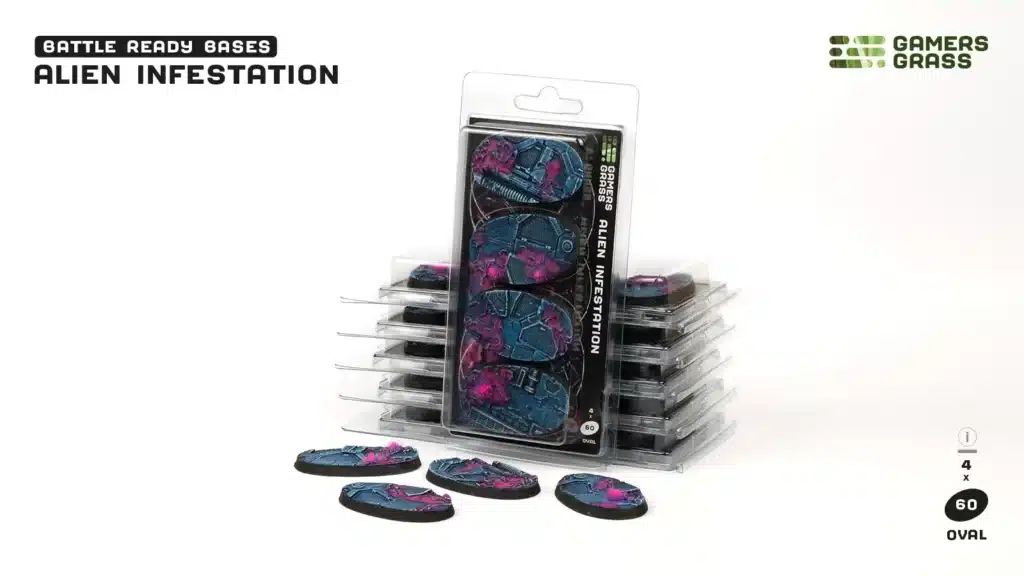 Socles Ovales 60mm Alien Infestation est un superbe set socles pour magnifier la peinture de figurines grâce à des socles fait et peint à la main