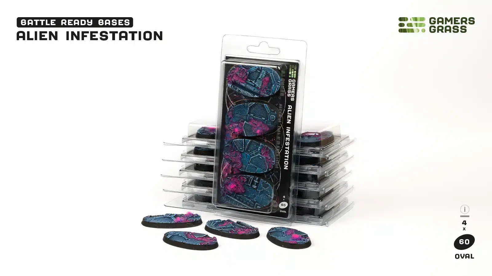 Socles Ovales 60mm Alien Infestation est un superbe set socles pour magnifier la peinture de figurines grâce à des socles fait et peint à la main