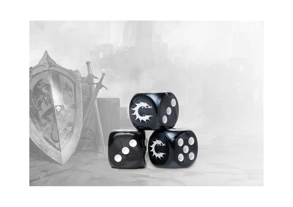 Conquest Logo On Dark Grey Marbled Dice, un superbe set de dés pour vos parties et ça c'est quand même la classe vous ne trouvez pas