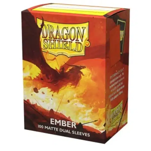 100 protèges cartes Sleeves Dual Matte Ember de la marque Dragon Shield vendues dans une boite cartonnée pouvant accueillir votre deck.