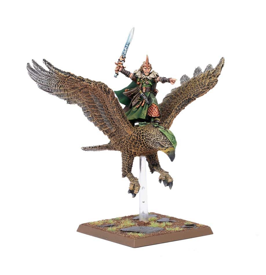 Wood Elf Noble on Great Eagle accompagne les superbes sorties des Wood Elf pour le jeu Warhammer The Old World , cette armée rapide et mortelle