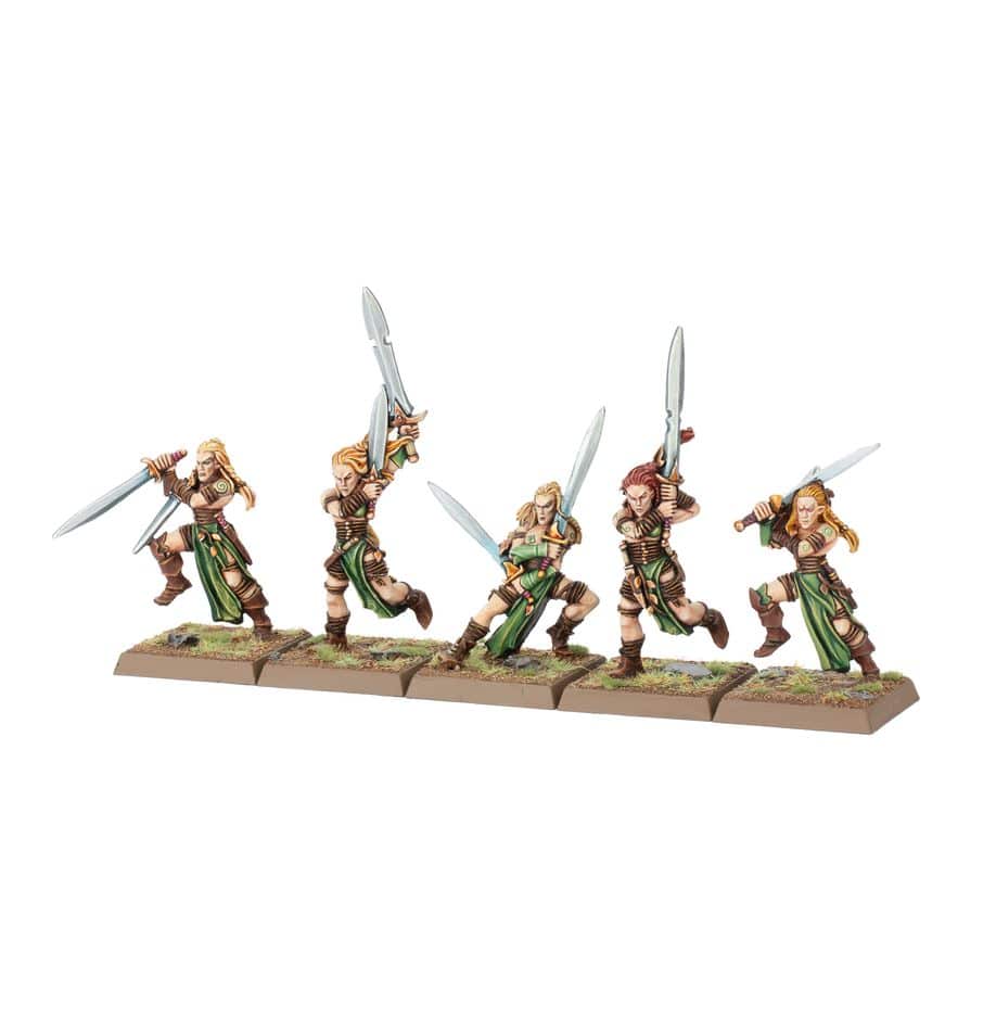 Wood Elf Wardancer Troupe accompagne les superbes sorties des Wood Elf pour le jeu Warhammer The Old World , cette armée rapide et mortelle