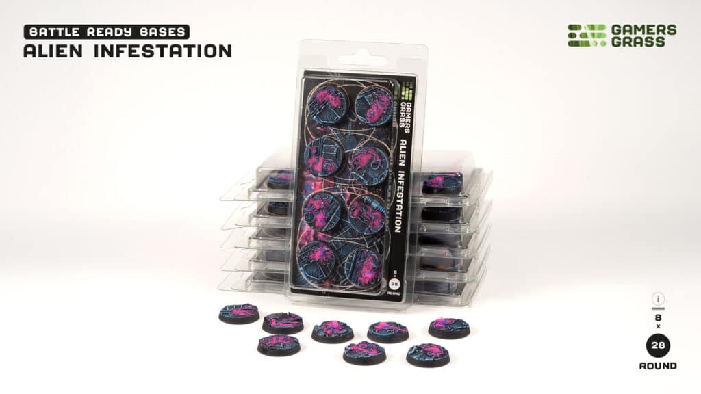 Socles 28mm Alien Infestation est un superbe set socles pour magnifier la peinture de figurines grâce à des socles fait et peint à la main par Gamergrass