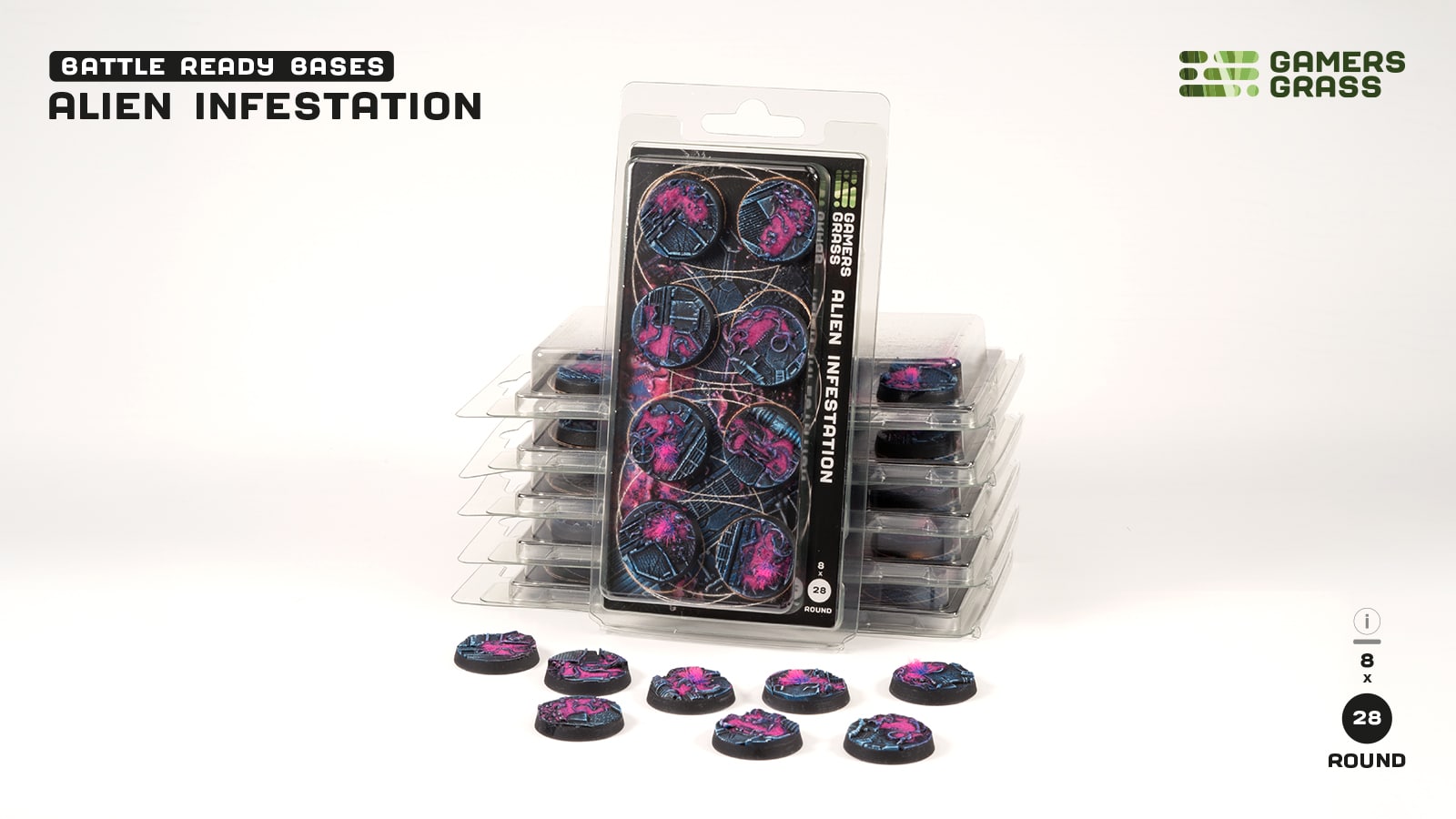Socles 28mm Alien Infestation est un superbe set socles pour magnifier la peinture de figurines grâce à des socles fait et peint à la main par Gamergrass