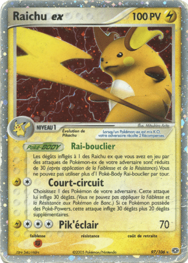 Raichu ex 97/106 Emeraude est un moyen simple et original de collectionner votre série préféré. Les cartes sont protégées.