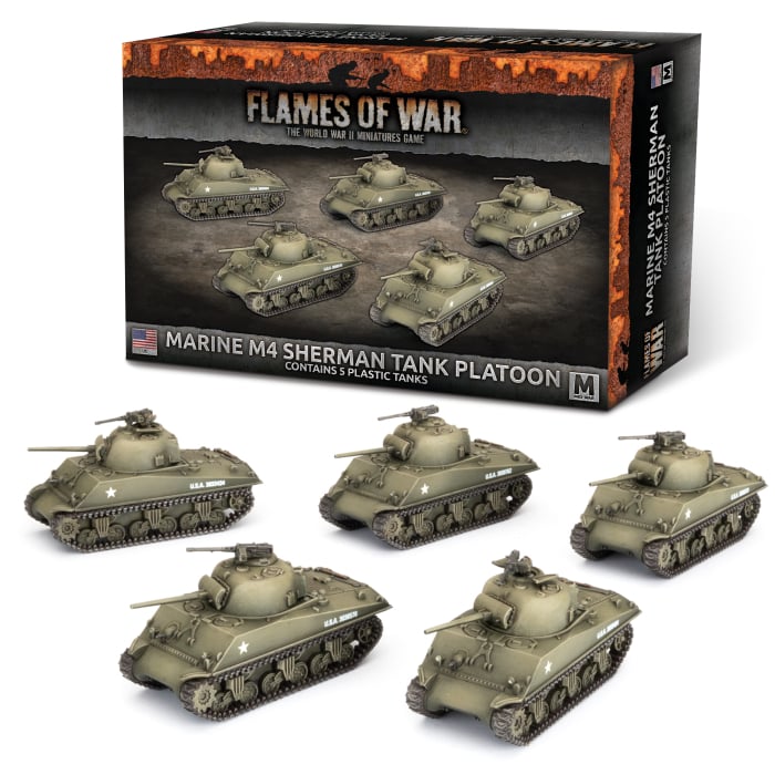 UBX99 Marine M4 Sherman Platoon fait partie des nouvelles sorties pour la nouvelle extension de Battlefront pour le jeu Flames of War V4,:Pacific