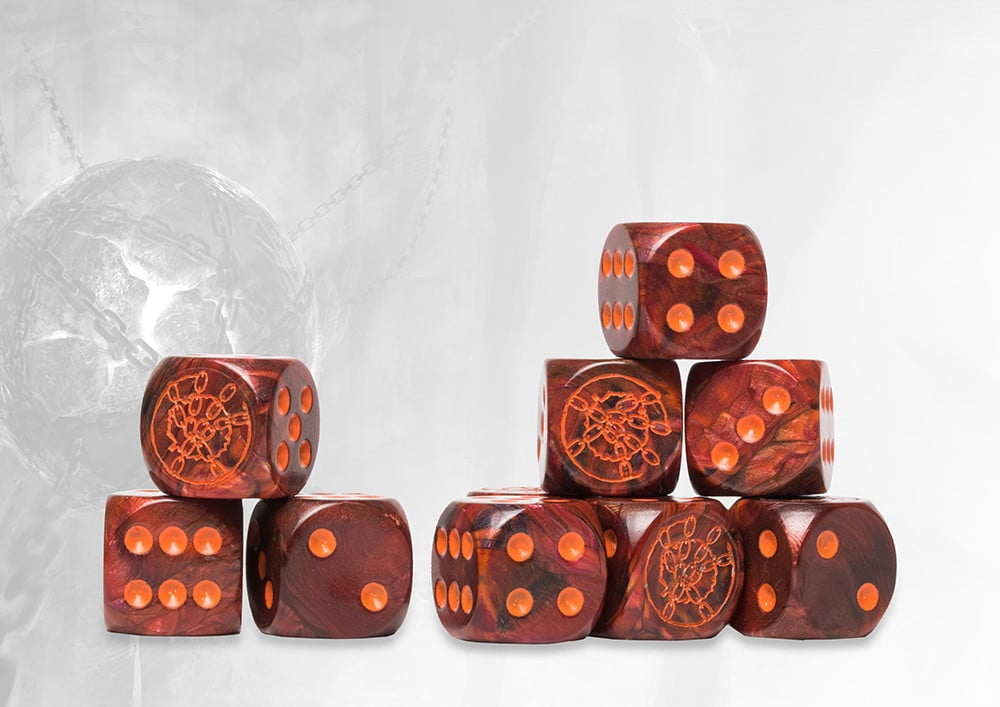 Dweghom Logo on Red Marbled Dice est la nouvelle boite de Para-bellum d'accessoires qui facilitera vos parties de ce superbe jeu de figurines