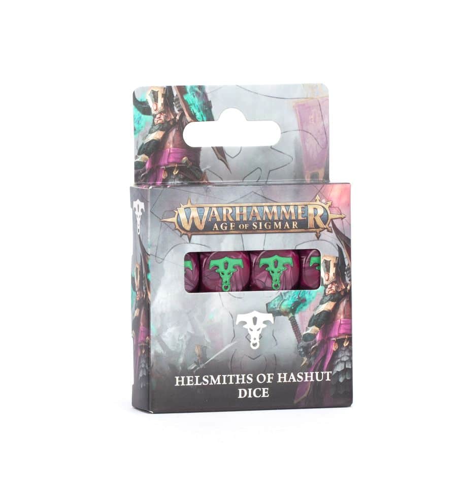 Vous pouvez compléter votre collection infernale avec le Helsmiths of Hashut Dice Set V4, moulés dans un plastique d’un pourpre nacré riche