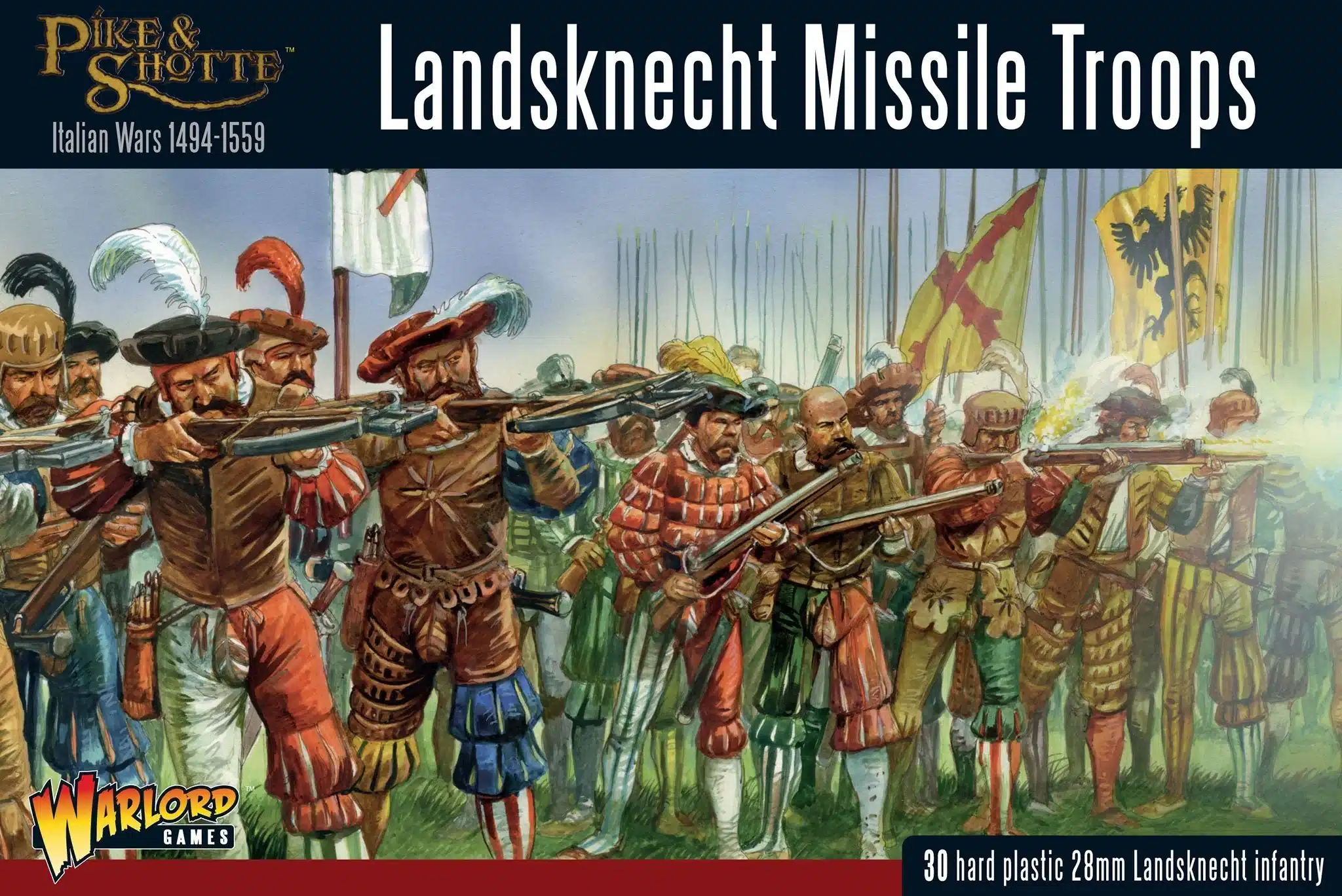 Découvrez Pike & Shotte : Landsknecht missile troops l'un des superbes jeux historique édités par Warlord Games dans l'univers des chevaliers et mousquetaires