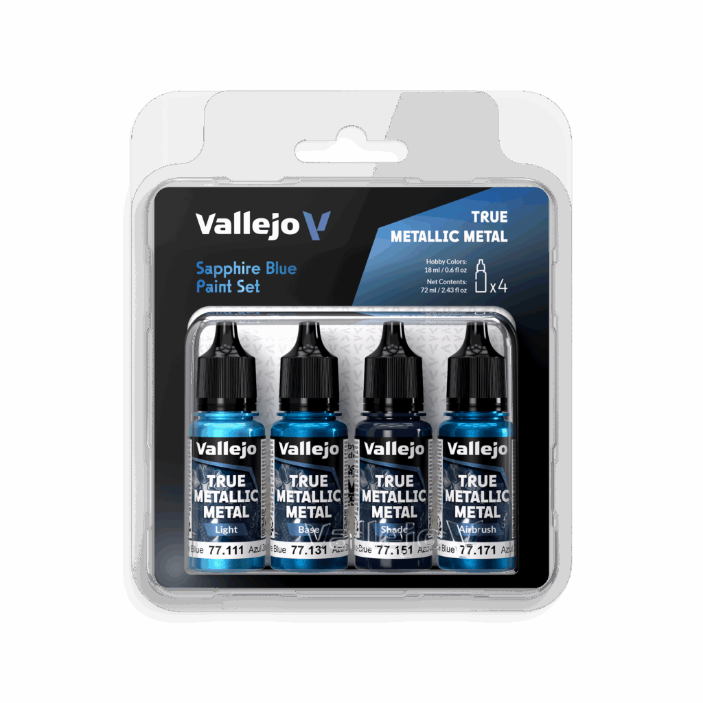 77256 – Set – Bleu saphir fait partie de la nouvelle gamme de peintures metalliques de vallejo au rendu parfait au pinceau et à l'aéro
