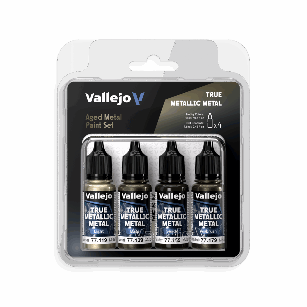 77258 – Set – Métal vieilli fait partie de la nouvelle gamme de peintures metalliques de vallejo au rendu parfait au pinceau et à l'aéro