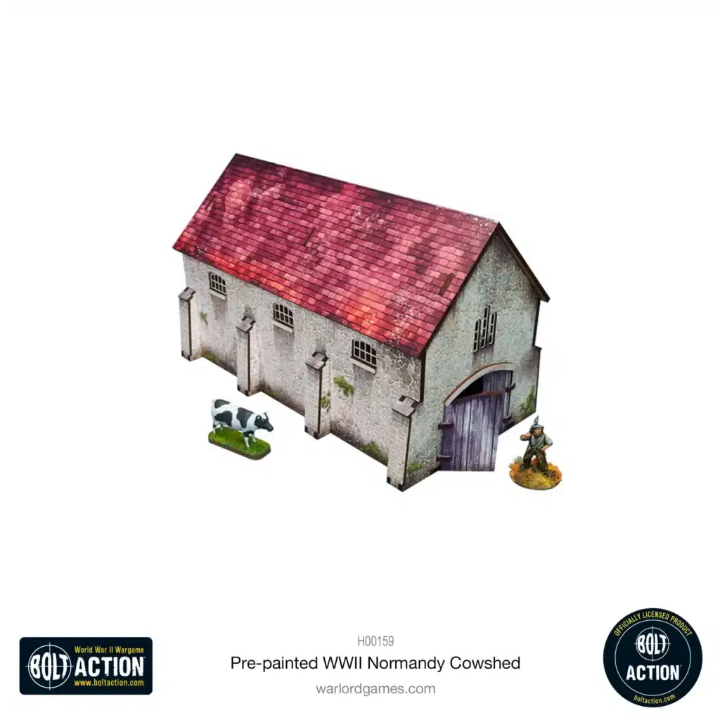 Pre-painted WWII Normandy Cowshed fait partie d'une serie superbe de decors prepeints pour bolt action ou jeux equivalents