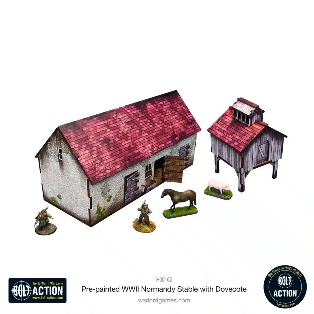 Pre-painted WWII Normandy Stable with Dovecote fait partie d'une serie superbe de decors prepeints pour bolt action ou jeux equivalents