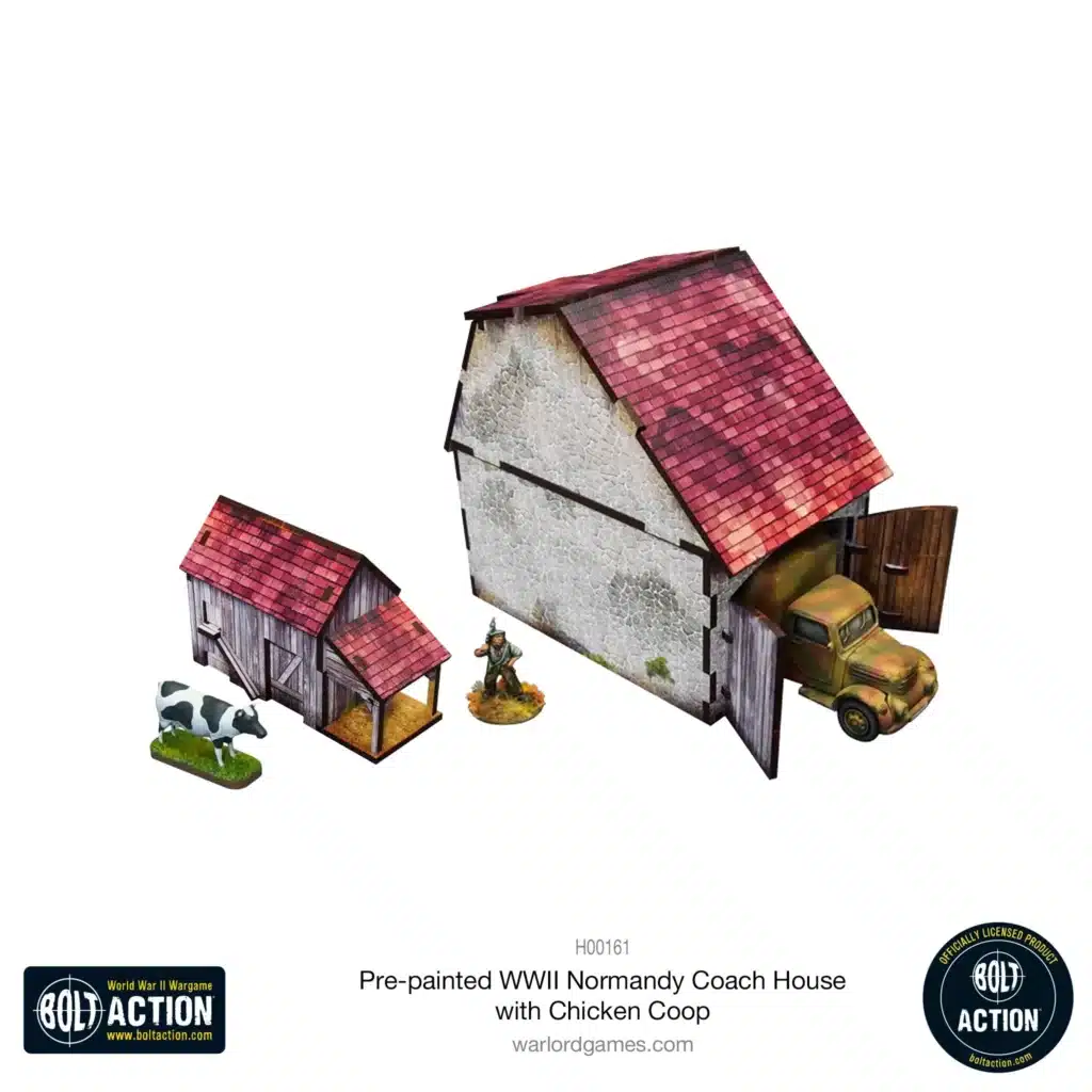 Pre-painted WWII Normandy Coach House with Chicken Coop fait partie d'une serie superbe de decors prepeints pour bolt action ou jeux equivalents