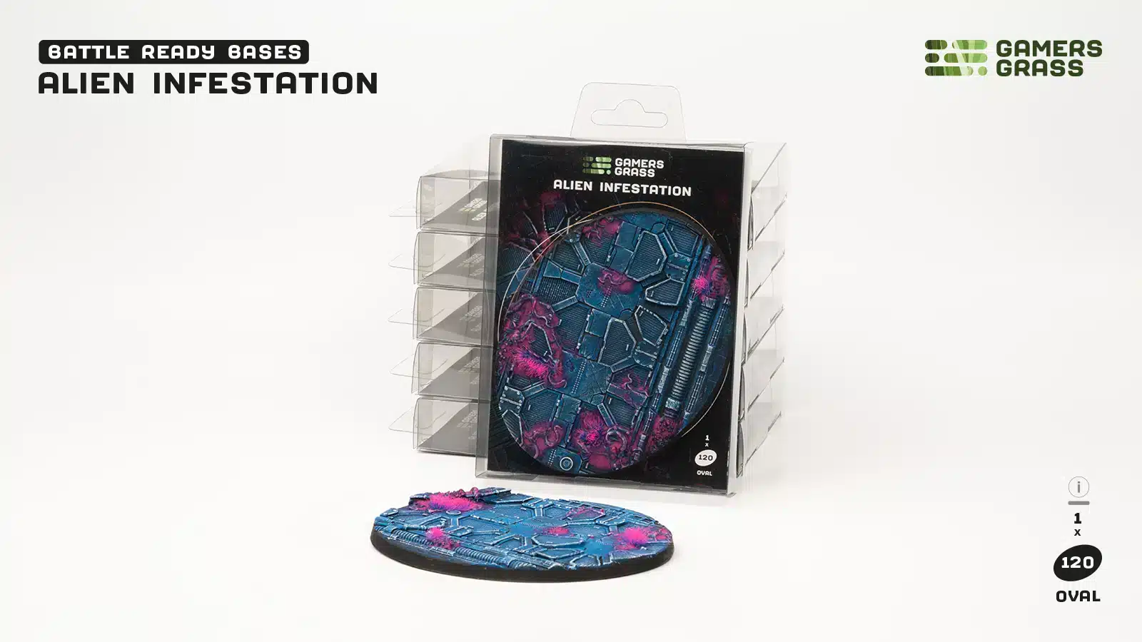 Socles 120mm Alien Infestation est un superbe set socles pour magnifier la peinture de figurines grâce à des socles fait et peint à la main par Gamergrass