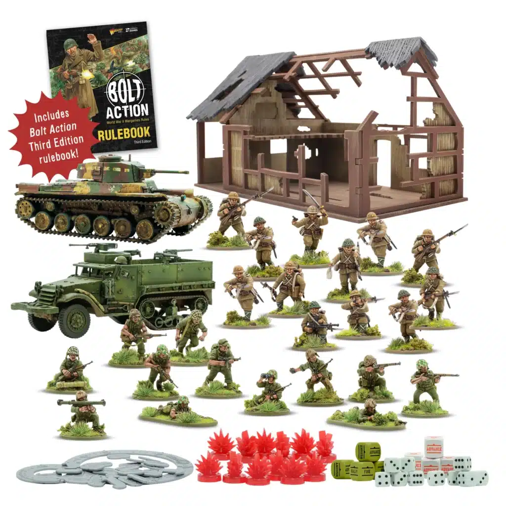 Bolt Action Starter Set–Island Assault! (Third Edition) vous permettent de revivre la bataille emblématique des Ardennes de la deuxieme guerre mondiale