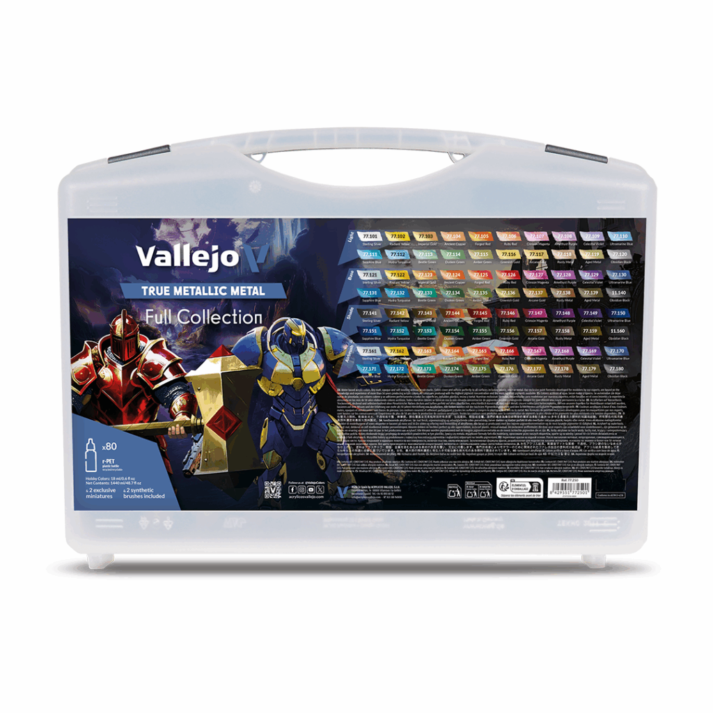77.250 Coffret complet 80 teintes fait partie de la nouvelle gamme de peintures metalliques de vallejo au rendu parfait au pinceau et à l'aéro