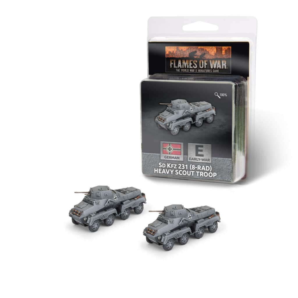 Flames of War : German Sd Kfz 231 (8-rad) Heavy Scout Troop fait partie des nouveautées de cette superbe sortie si chère aux français de Flames of War Early War