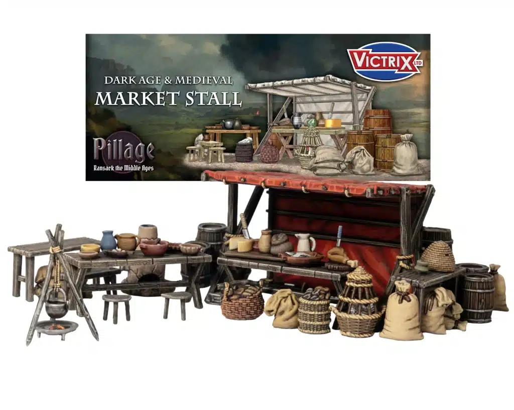 Pillage : Market Stall (Medieval & Dark Ages) fait partie des extensions interessantes pour jouer au jeu d'escarmouche français Pillage compatible egalement avec Saga