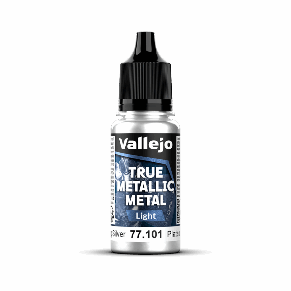 Peinture True Metal LIGHT 101 – Argent sterling fait partie de la nouvelle gamme de peintures metalliques de vallejo au rendu parfait au pinceau et à l'aéro
