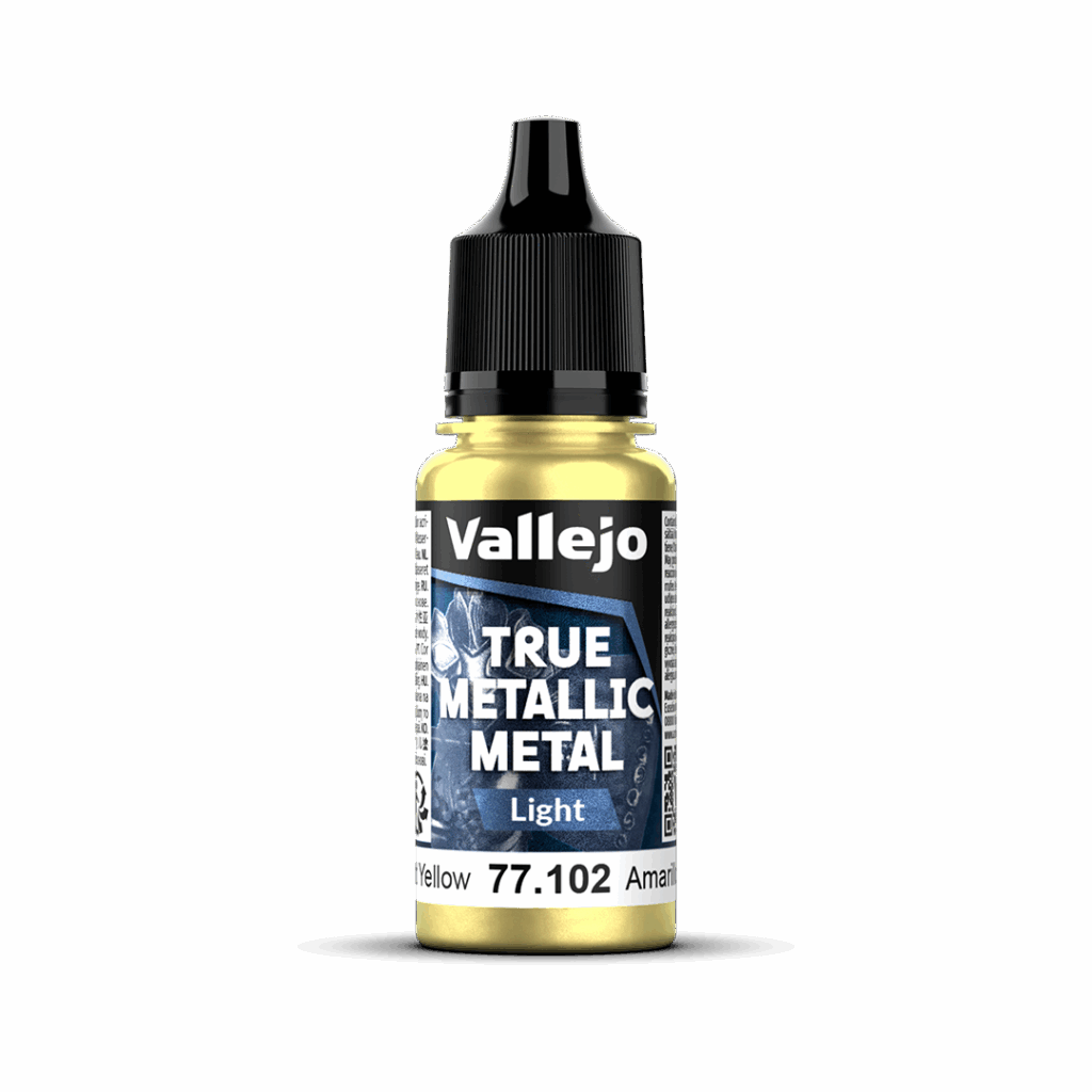 Peinture True Metal LIGHT 102 – Jaune éclatant fait partie de la nouvelle gamme de peintures metalliques de vallejo au rendu parfait au pinceau et à l'aéro
