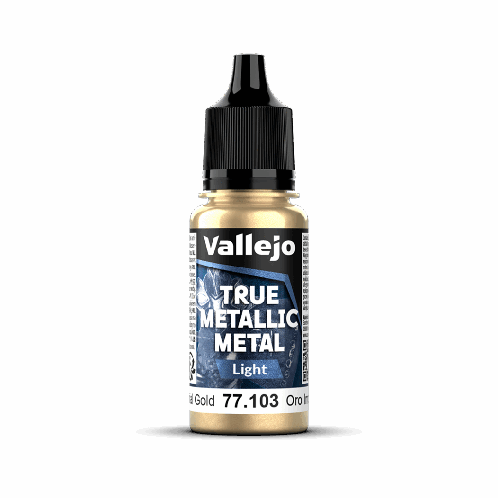 Peinture True Metal TMM LIGHT 103 – Or impérial fait partie de la nouvelle gamme de peintures metalliques de vallejo au rendu parfait au pinceau et à l'aéro