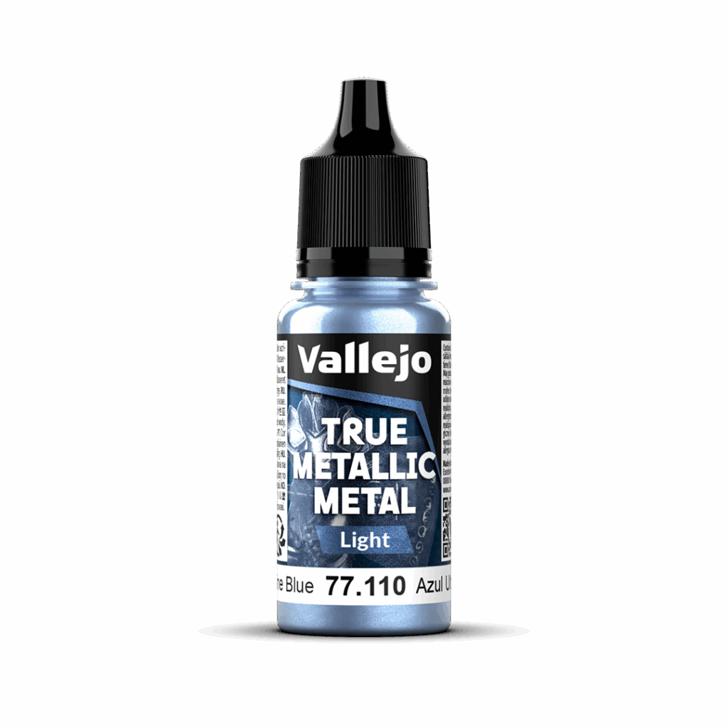 Peinture True Metal LIGHT 110 – Bleu outreme fait partie de la nouvelle gamme de peintures metalliques de vallejo au rendu parfait au pinceau et à l'aéro