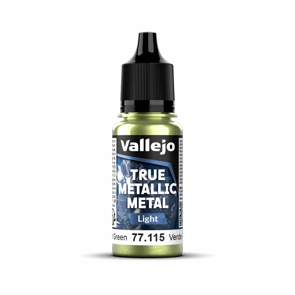 Peinture True Metal LIGHT 115 – Vert ambre fait partie de la nouvelle gamme de peintures metalliques de vallejo au rendu parfait au pinceau et à l'aéro