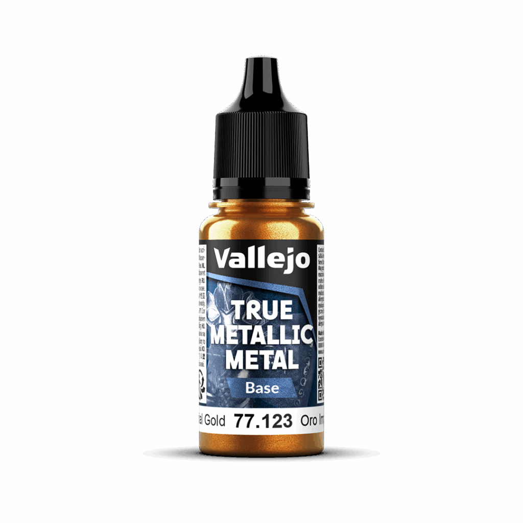Peinture True BASE 123 – Or impérial fait partie de la nouvelle gamme de peintures metalliques de vallejo au rendu parfait au pinceau et à l'aéro
