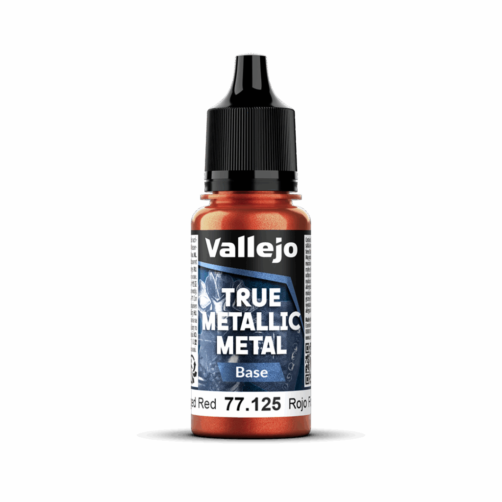 Peinture True BASE 125 – Rouge forgé fait partie de la nouvelle gamme de peintures metalliques de vallejo au rendu parfait au pinceau et à l'aéro