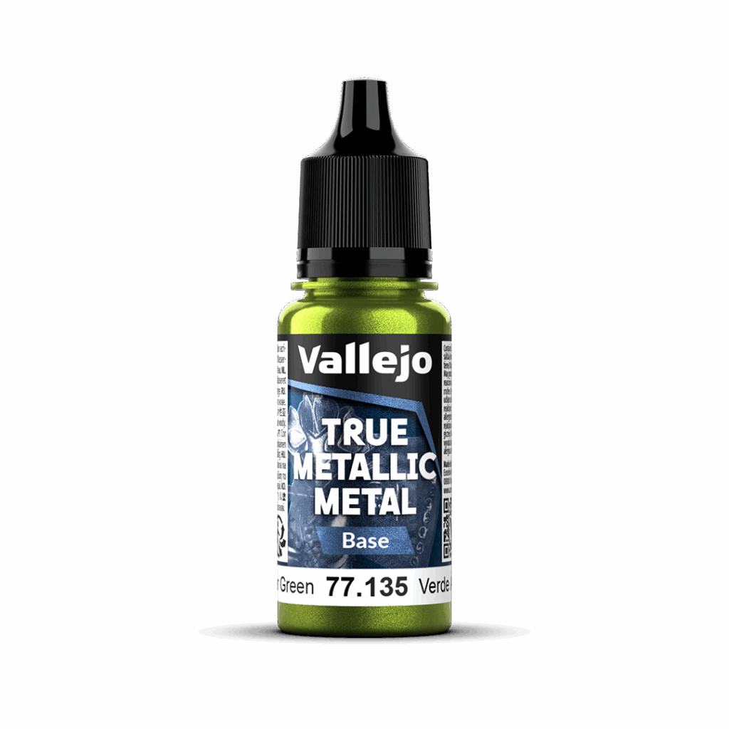 Peinture True Metal BASE 135 – Vert ambre fait partie de la nouvelle gamme de peintures metalliques de vallejo au rendu parfait au pinceau et à l'aéro