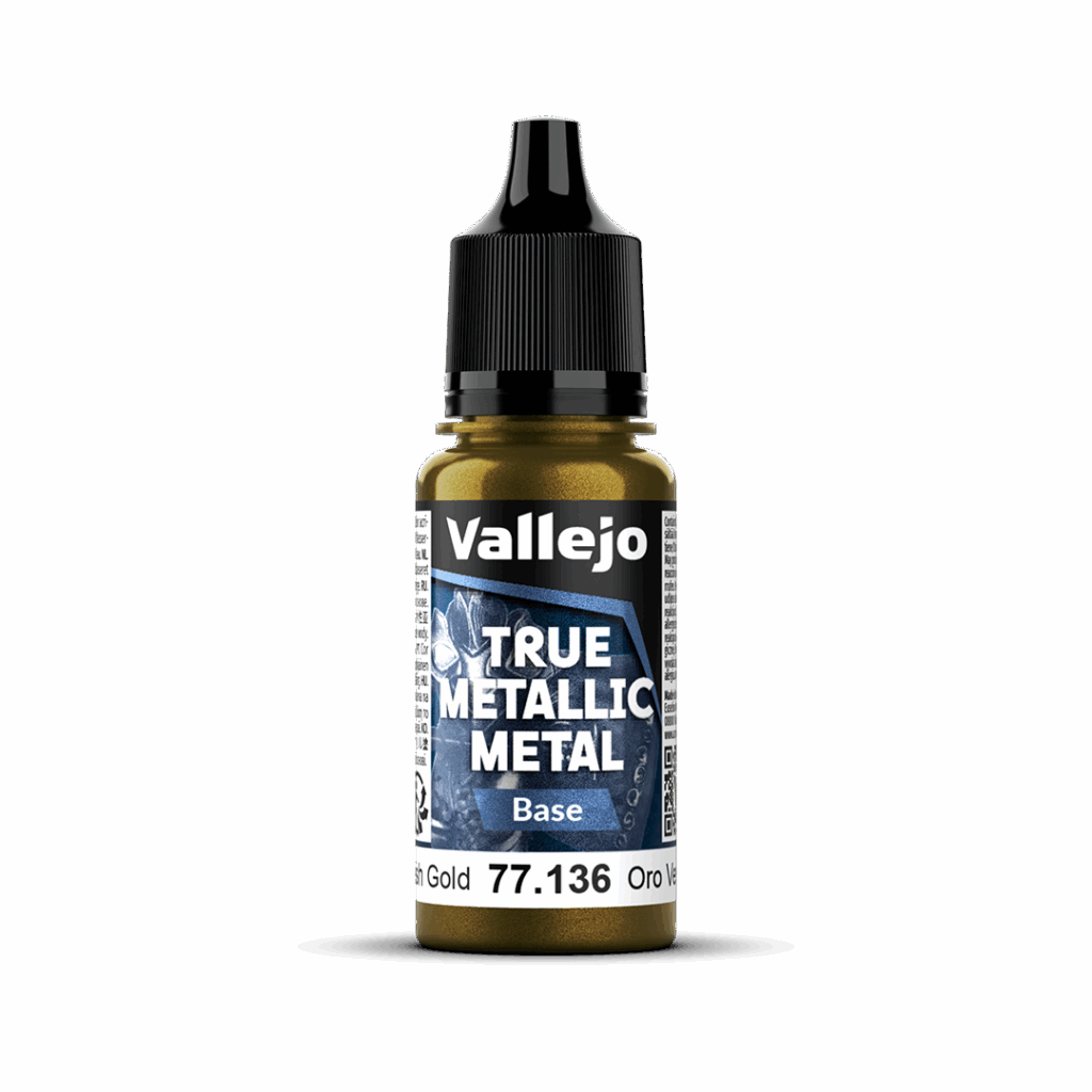 Peinture True Metal BASE 136 – Or vert fait partie de la nouvelle gamme de peintures metalliques de vallejo au rendu parfait au pinceau et à l'aéro