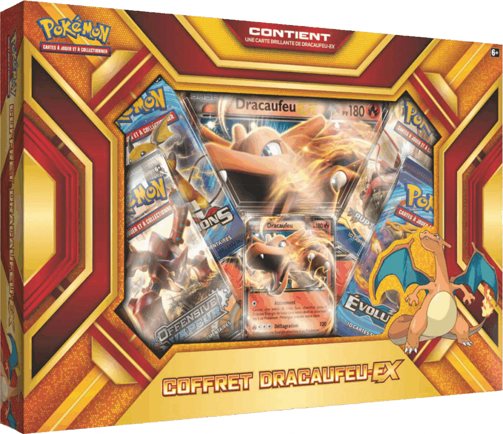 Pokemon Coffret dracaufeu ex XY est un moyen simple et original de collectionner votre série préféré. Tout les boosters seront envoyés protégés.