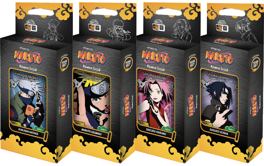 Naruto Mythos TCG - Lot des 4 Team Sets 1er chapitre : Konoha Shidō - Équipe 7 (2° Édition) accompagne la sortie de ce nouveau TCG sur la superbe licence Naruto qui a bercé notre adolescence