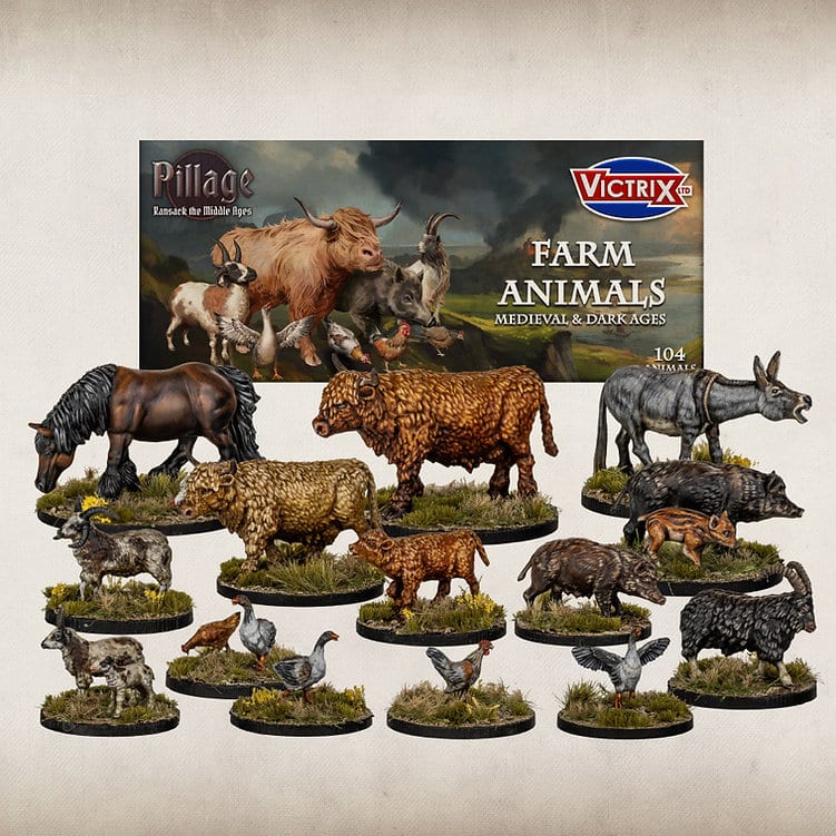 Saga - Animaux médiévaux de la ferme (x104) est l'une des boites de figurines plastiques pour jouer à la nouvelle extension de Saga l'Age des Vikings