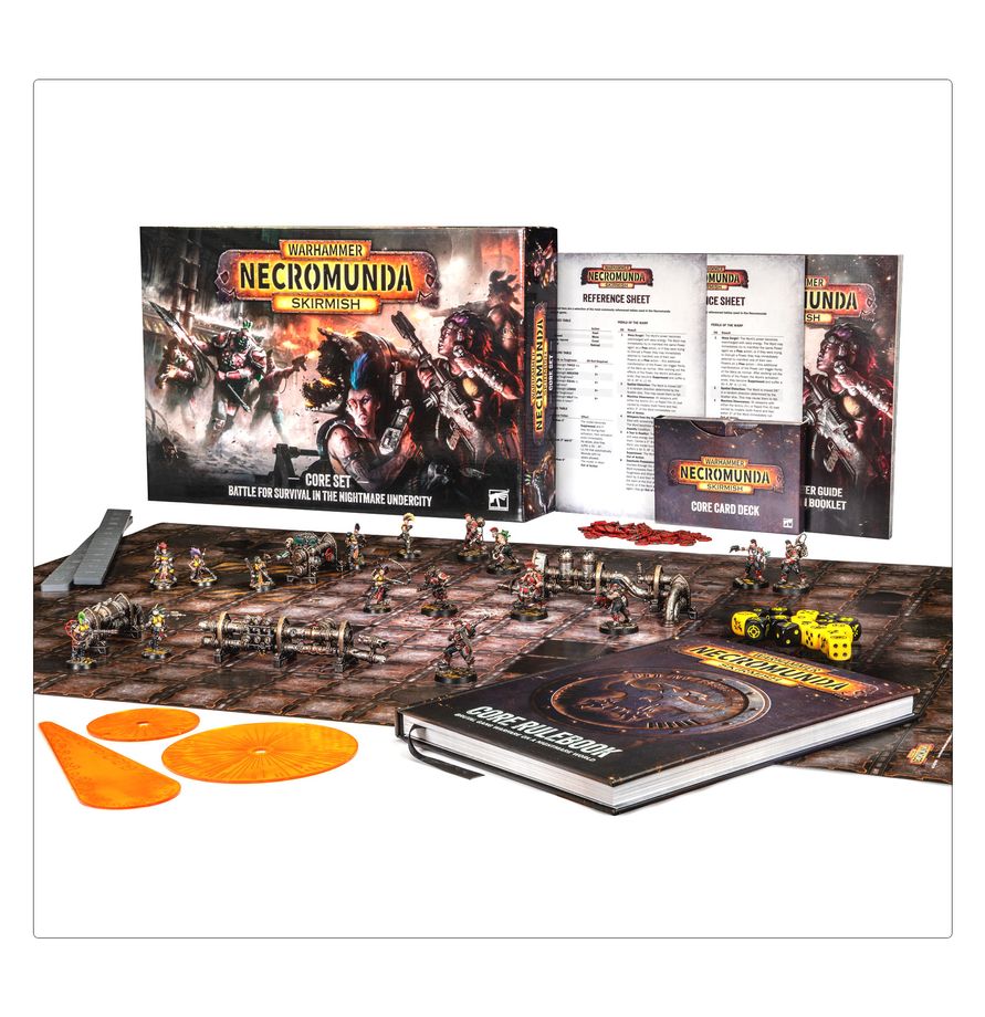 Entrez dans Necromunda avec la boîte Skirmish Core Set : gangs Escher et Goliath, décors, livre de règles et tout le nécessaire pour jouer.