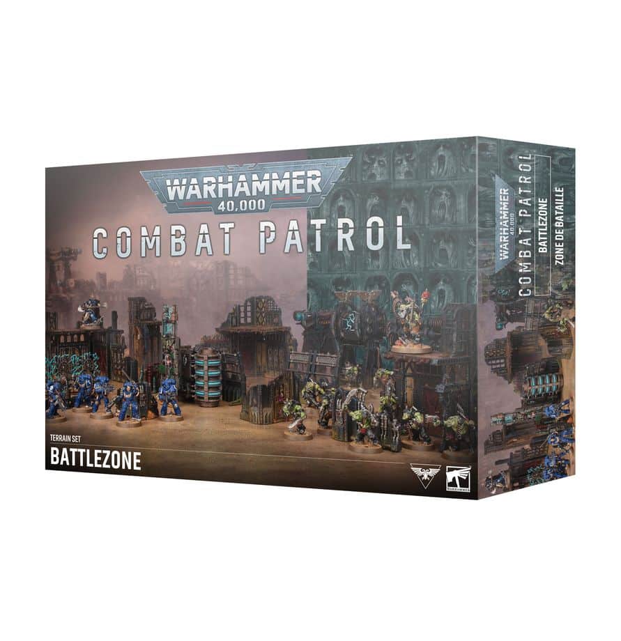 Le Combat Patrol Zone de Bataille offre 15 éléments de terrain, ainsi qu’un plateau de jeu double face et un ensemble d’empreintes d’objectifs de terrain