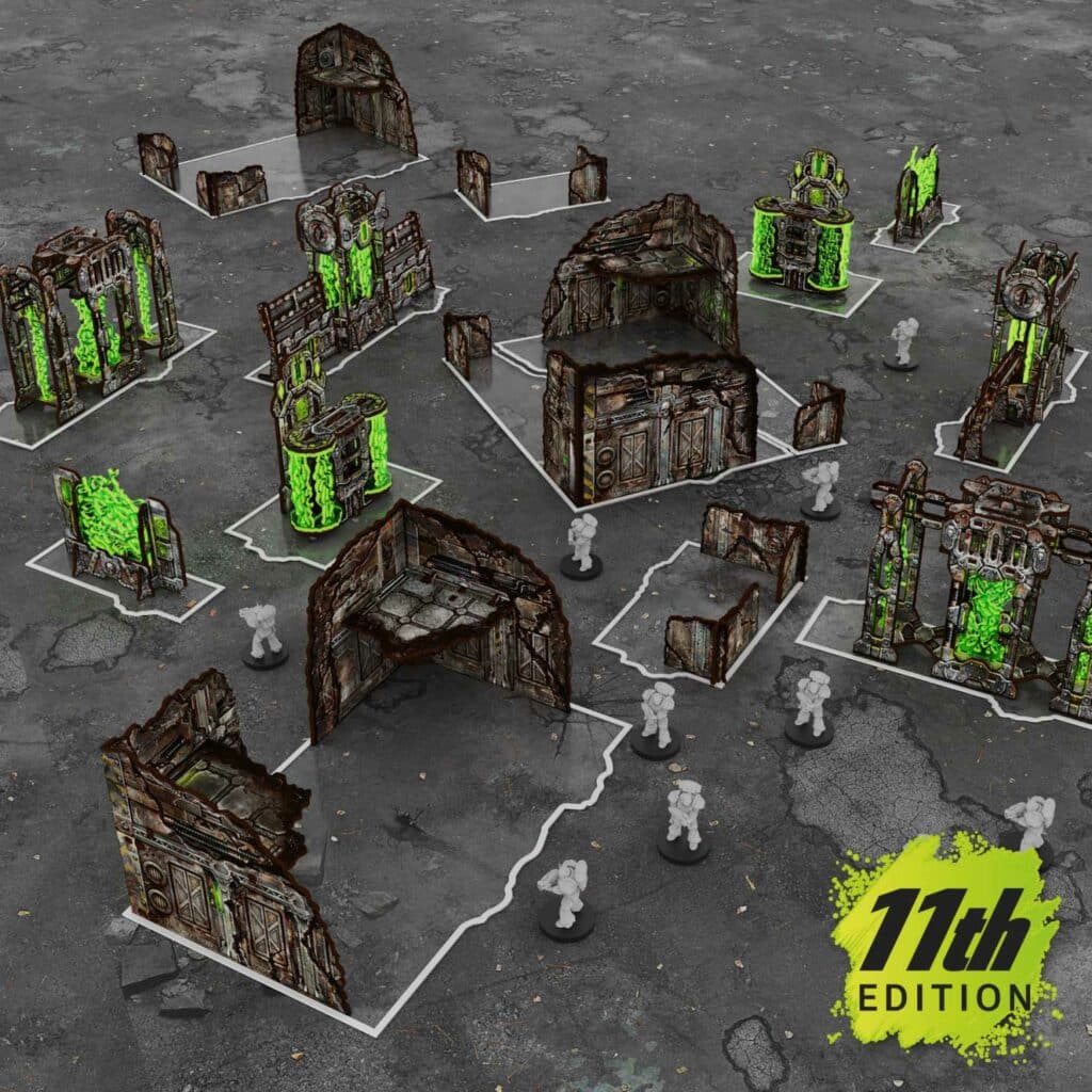 Pack de décors pliables prépeints 11e édition compatible avec les jeux de guerre et les tournois compétitifs dans un univers de science-fiction grimdark